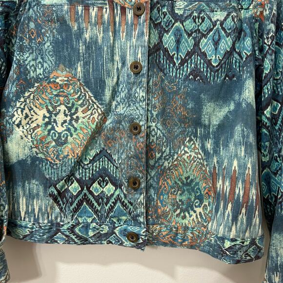 Coldwater Creek Women Medium Petite Blue Abstract Button Down Jacket Art to Wear - Picture 2 of 4